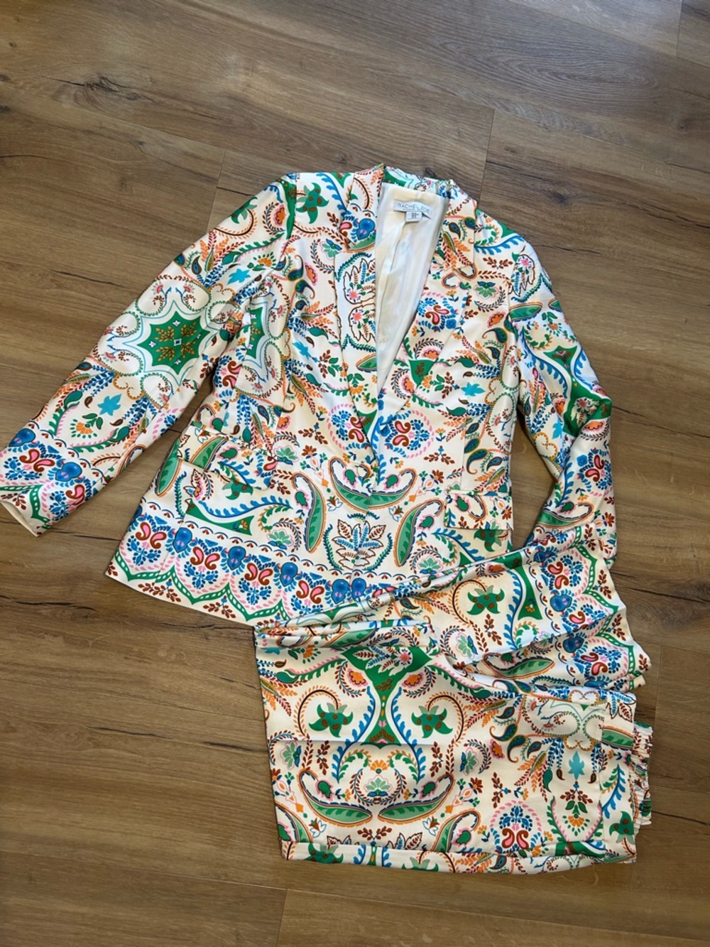 Rachel Zoe Floral Paisley Blazer in Cream, Green & Blue Pant Set